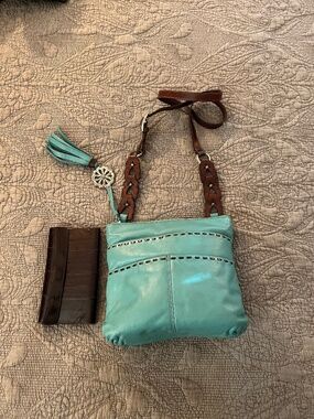 Brighton Kodiak Aqua Turquoise Braided Stitched Leather Crossbody Bag w/ Wallet